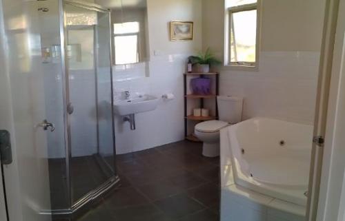 ein Bad mit einer Dusche, einem WC und einem Waschbecken in der Unterkunft Lovely 2 bedroom apartment across from Shepp Lake. in Shepparton