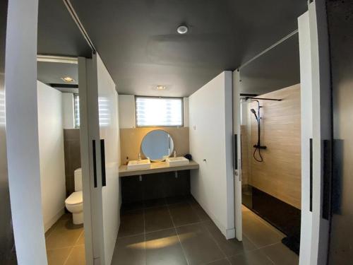 a bathroom with a toilet and a sink and a mirror at Ático loft en molino antiguo in Paterna