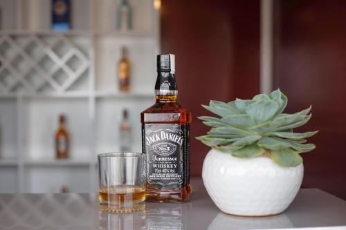 a bottle of whiskey next to a plant and a glass at Central Sapa Serenity Homestay in Sa Pa