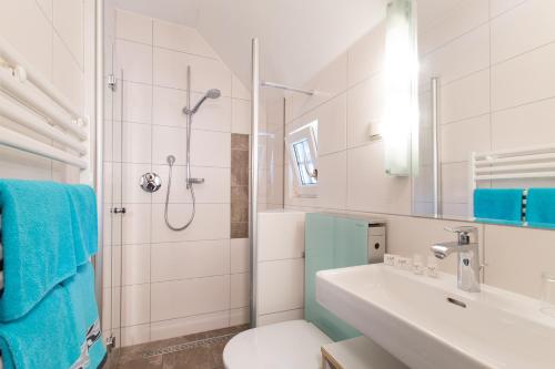 a bathroom with a toilet and a sink and a shower at Schusterhäusl in Wörschach