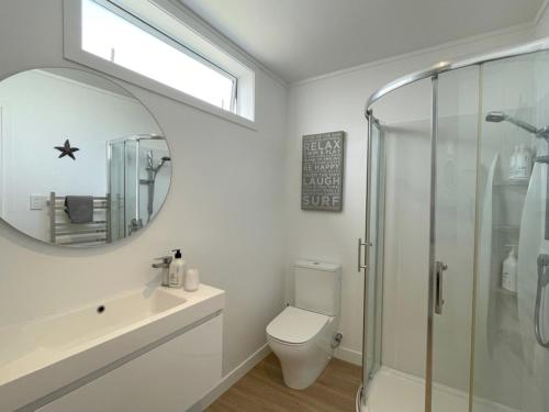 a bathroom with a toilet and a sink and a mirror at Oneroa Hillcrest - Waiheke Escapes in Blackpool