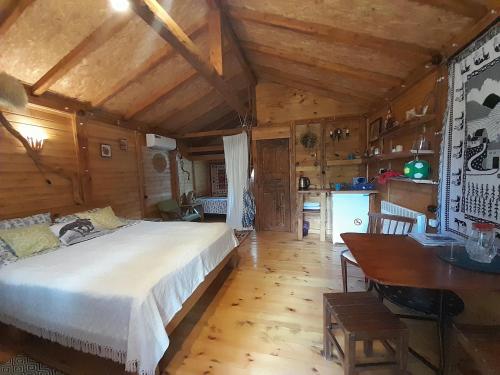 a bedroom with a bed and a table and a kitchen at Tiny houses Genacvale in Martvili
