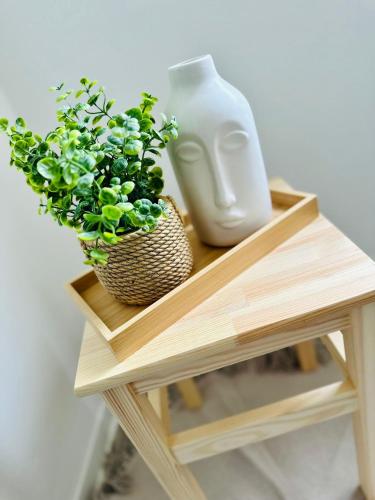 a table with a vase and a potted plant on it at Lous Ferienhaus 3 in Thale