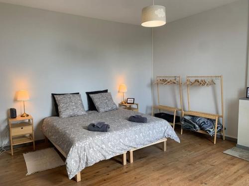 a bedroom with a bed with two pillows on it at Jolie médocaine avec jardin in Saint-Estèphe
