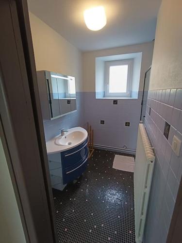 une salle de bain avec un lavabo et un miroir dans l'établissement Maison l'hostal saura y roja, à Andelat