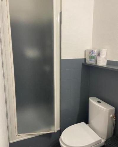 une salle de bain avec des toilettes blanches et une douche dans l'établissement Appartement Studio Cabine Plage, à La Grande Motte