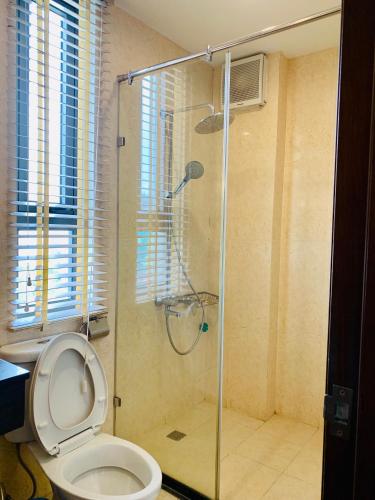 a bathroom with a shower and a toilet at Vila Lotus Hạ Long in Ha Long