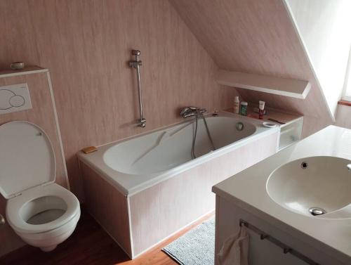 une salle de bain avec une baignoire, des toilettes et un lavabo dans l'établissement Appartement en plein cœur de ville, à Perros-Guirec