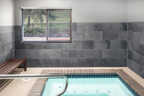 a bathroom with a bath tub with a window at Garner Hotel Auburn - Seattle by IHG in Auburn