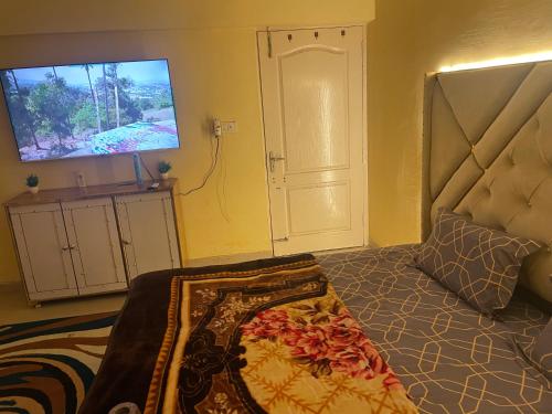 1 dormitorio con 1 cama y TV en la pared en Mannat Manzil en Lucknow