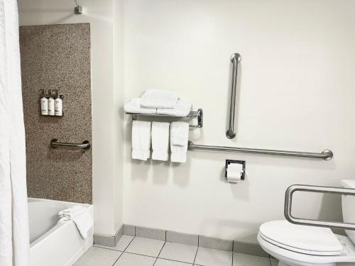 łazienka z toaletą, wanną i ręcznikami w obiekcie Holiday Inn Express and Suites Meriden, an IHG Hotel w mieście Meriden