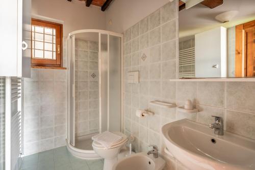 een badkamer met een toilet, een douche en een wastafel bij Il Serrino 2 in Spignana