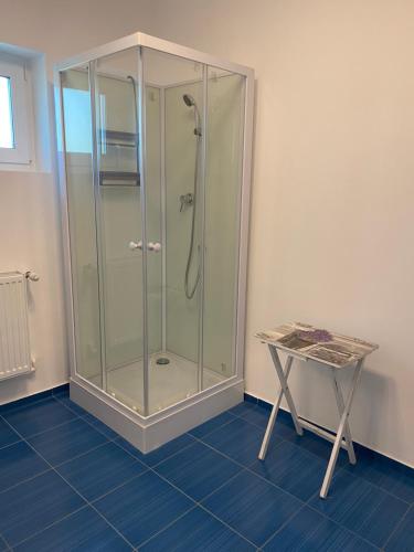 a glass shower in a room with a table at Casa Blanca in Techirghiol