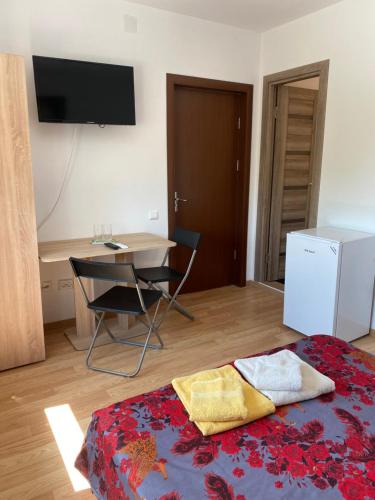 a room with a bed and a desk and a chair at Casa Blanca in Techirghiol