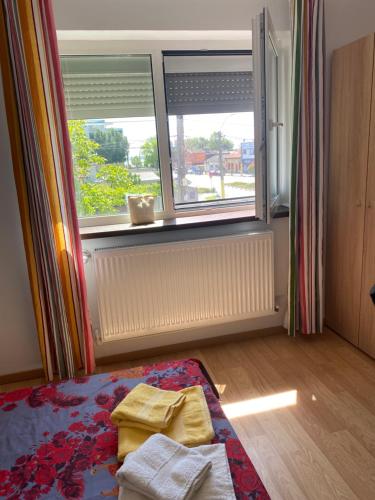 a bedroom with a window and towels on the floor at Casa Blanca in Techirghiol