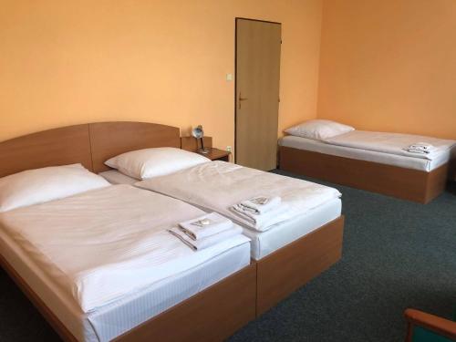 two twin beds in a room with a mirror at Grandhotel Nový Bor in Nový Bor