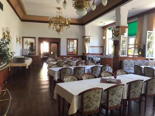 a dining room with tables and chairs and a chandelier at Grandhotel Nový Bor in Nový Bor
