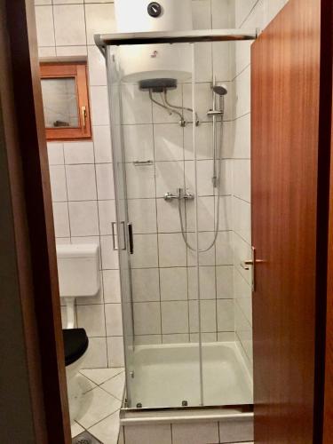 a shower with a glass door in a bathroom at Sea View Apartments Nini in Vlašići