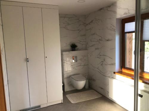 a bathroom with white cabinets and a toilet at Sodyba Galsto Skardis in Neravai