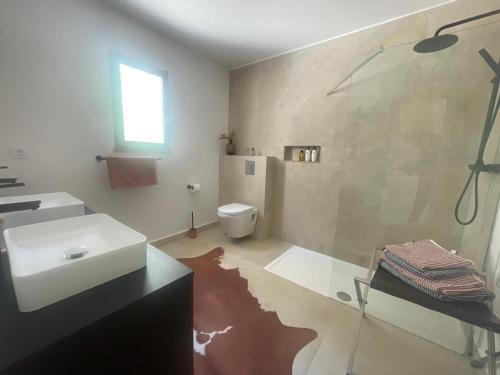 a bathroom with a sink and a shower and a toilet at La villa des Carriers- maison avec piscine proche mer in Roquefort-les-Pins