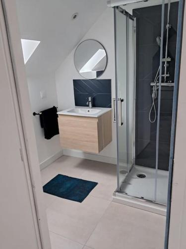 une salle de bain avec un lavabo et une douche avec un miroir dans l'établissement Appartement T2 proche centre/gare, à Lorient