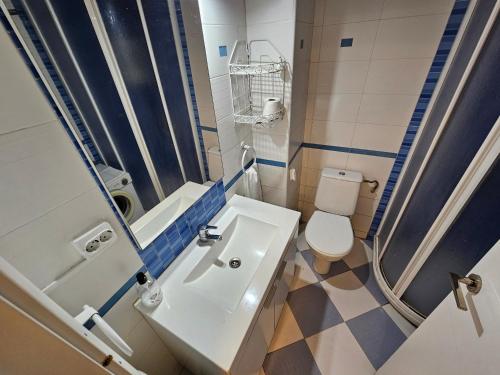 La salle de bains est pourvue d'un lavabo blanc et de toilettes. dans l'établissement Manero Molla (Centro Alicante), à Alicante