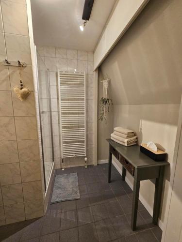 a bathroom with a shower and a table and a sink at De Arcense Herberg in Arcen