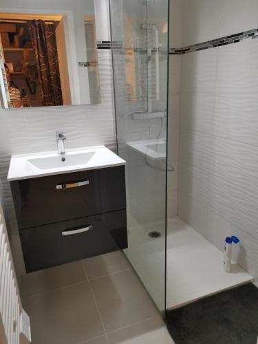 une salle de bain avec un lavabo et une douche en verre dans l'établissement Les sablines, à Canet