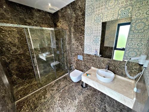 a bathroom with a shower and a sink and a mirror at Arena Apartments & Villas Guba in Quba