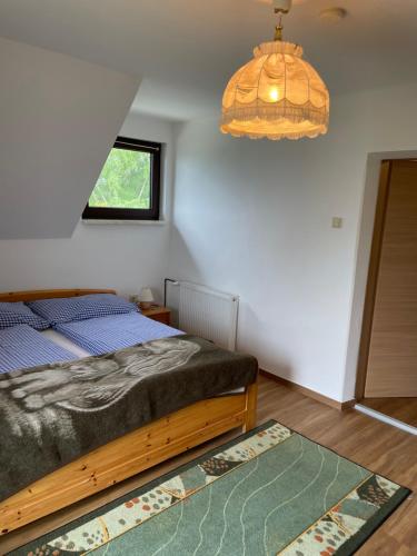 a bedroom with a bed and a chandelier at Ferienhaus Gunzenberg in Gunzenberg