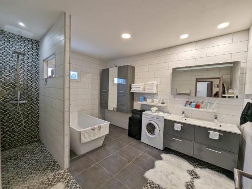 une salle de bain avec une machine à laver et un lave-linge dans l'établissement Maison de l'Agly - Villa de standing, à Rivesaltes
