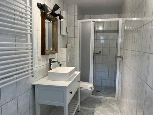 ein Bad mit einem Waschbecken, einem WC und einer Dusche in der Unterkunft Fischerhaus Usedom in Kamminke