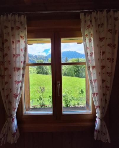 a window with a view of a green field at Zom Ruaba in Bartholomäberg