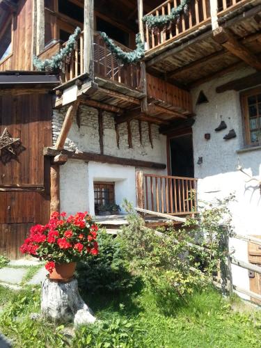 a house with a pot of flowers in front of it at Baita del Plan in Pragelato