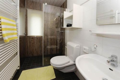 y baño con aseo, lavabo y ducha. en Apartment Rotbühlspitze, en Sankt Gallenkirch