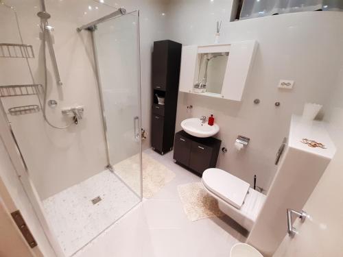 a bathroom with a shower and a toilet and a sink at Pension Alba in Podstrana