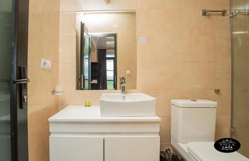 a bathroom with a sink and a toilet and a mirror at Villa Lapa in Telavi