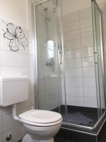 a bathroom with a toilet and a glass shower at Neve in Kali