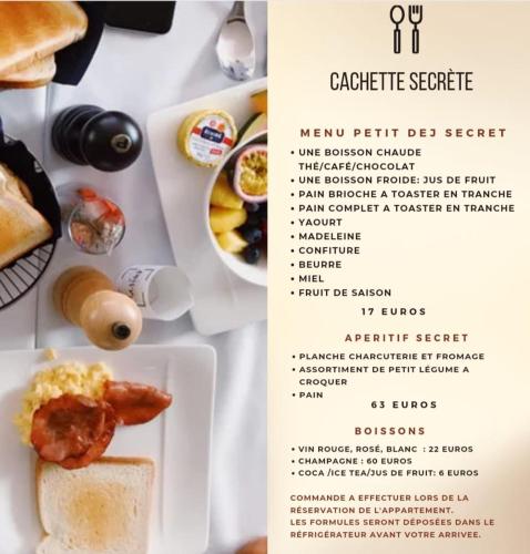 a menu for a restaurant with food on a table at Cachette Secrète & SPA Narbonne in Narbonne
