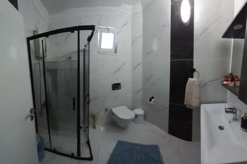 a bathroom with a shower and a toilet and a sink at Villa Deluxe Panorama 61 in Trabzon