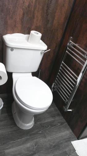 a white toilet in a bathroom with a roll of toilet paper at IVY- Braveheart Guest House in Edinburgh
