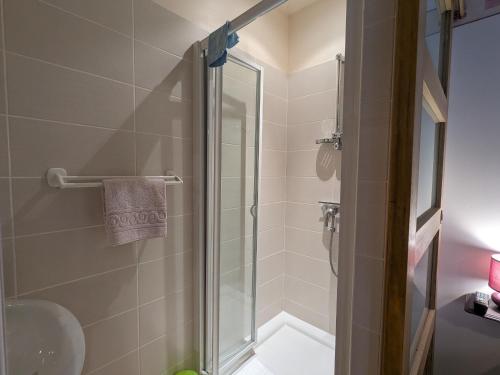 a bathroom with a shower with a glass door at Charmante Chambre Coquelicot : calme, activités variées, accès indépendant, parking sécurisé. - FR-1-591-450 in Vijon