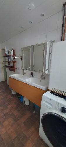 uma casa de banho com 2 lavatórios e uma máquina de lavar roupa em Eden Billnäs em Billnäs