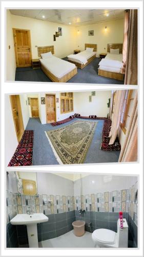 two pictures of a hotel room with two beds at Hunza Cherry Guest House in Hunza