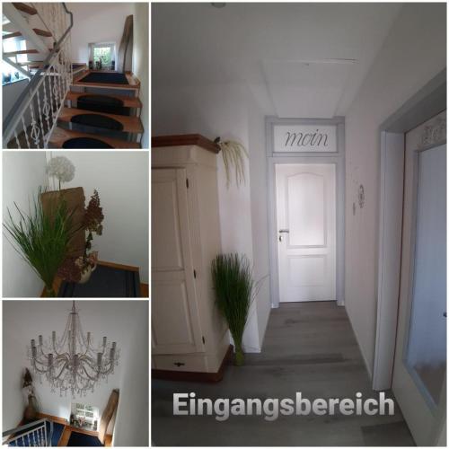 a collage of pictures of a hallway with a white door at NEU! Ferienwohnung Zur Pusteblume in Sande