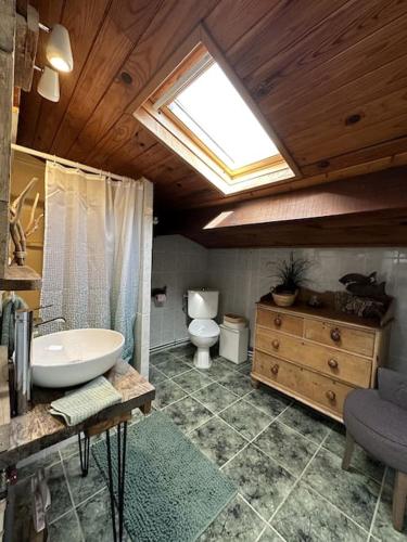 La salle de bains est pourvue d'un lavabo, de toilettes et d'une lucarne. dans l'établissement Haut de villa, terrasse, barbecue, vélos, à La Garde