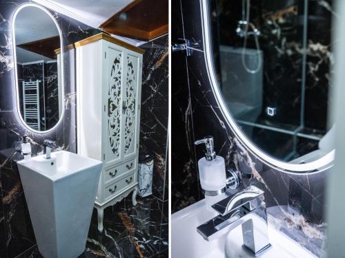 two pictures of a bathroom with a sink and a mirror at LUXURY SUITES - free parking in Drama