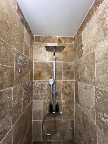 La salle de bains carrelée est pourvue d'une douche avec un pommeau. dans l'établissement Le Renaissance - Home Homy, à Montluçon