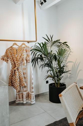 a dress and a potted plant in a room at Ikaros Suites in Amoudara Herakliou