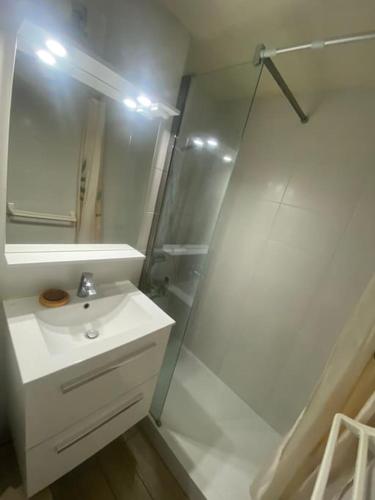 une salle de bain blanche avec une douche et un lavabo dans l'établissement Appartement proche des plages, au Cap d'Agde